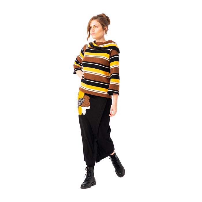 Mamatayoe Pigmento. Camiseta de Rayas de Manga Larga Acampanada para Mujer de Color Negro, Marrón y Amarillo. Suéter Ligero de Cuello Multiposición, Original y Casual para Otoño Invierno.