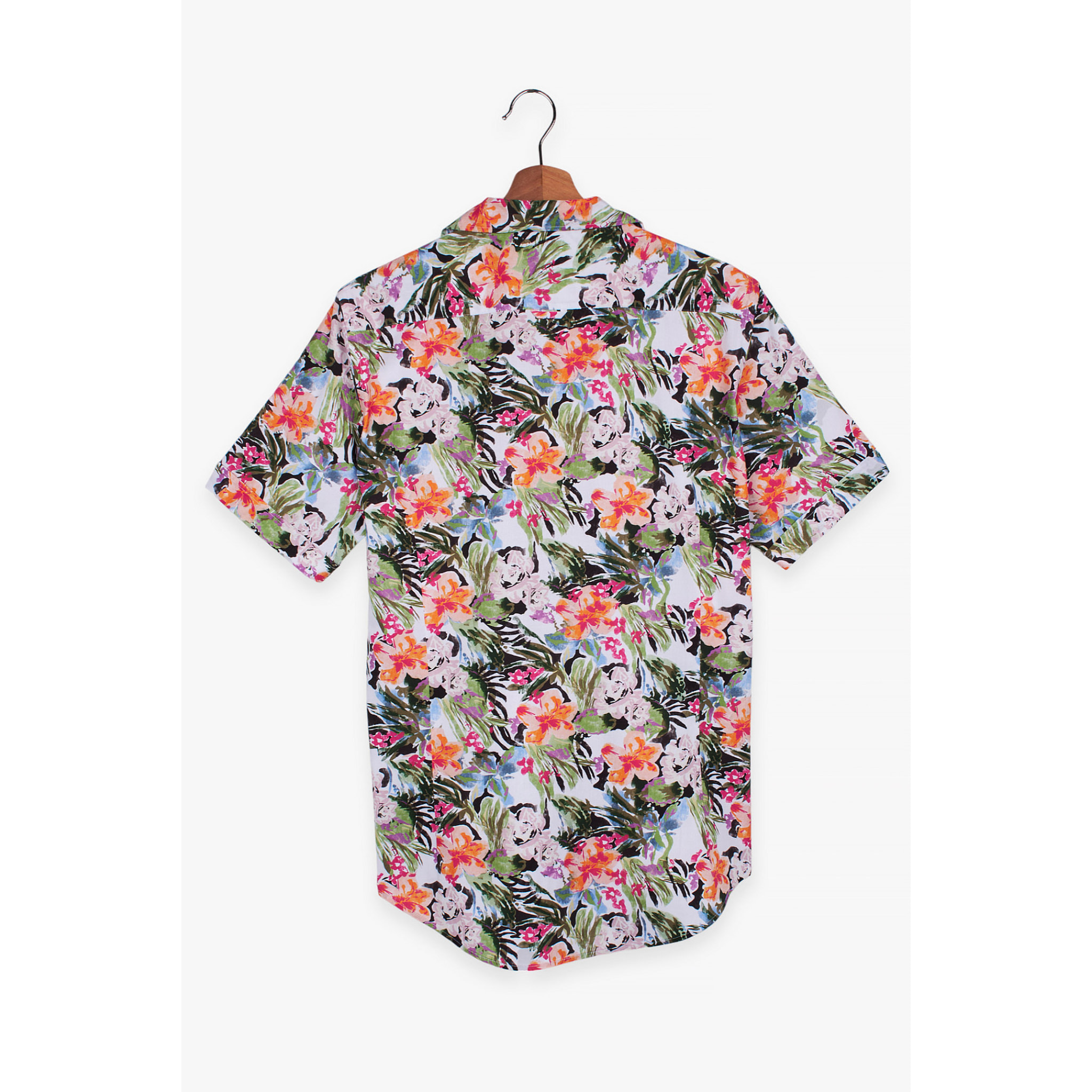 camicia uomo manica corta Popeline Stampato Verde Foglia Rosa