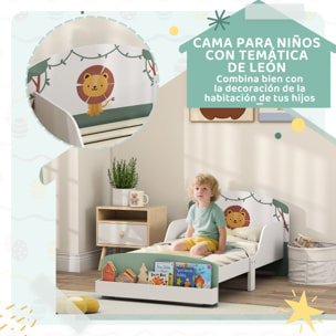 Cama infantil 70x140 cm de Madera con Almacenaje Cama para Niños de +3 Años con Protección Anticaída Cabecero en Dibujo de León Carga 40 kg para Dormitorio Verde