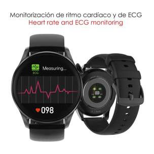 Smartwatch DT3 con notificaciones, pantalla dividida, modos multideportivos y monitor cardíaco.