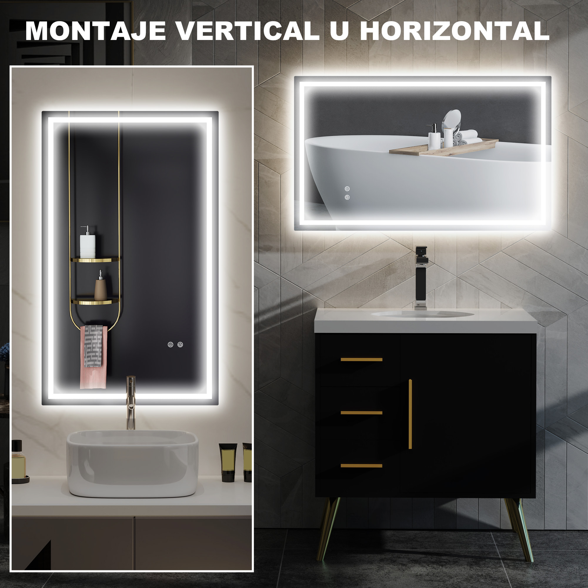 Espejo de Baño con Luz LED 100x60 cm Espejo de Pared con Luz Retroiluminado Antivaho Brillo Regulable Interruptor Táctil IP44 Montaje Horizontal o Vertical