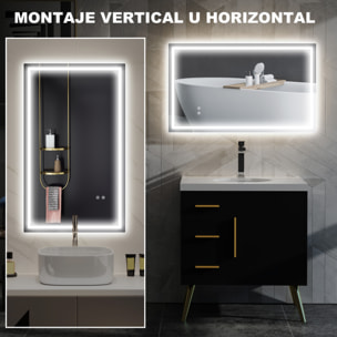 Espejo de Baño con Luz LED 100x60 cm Espejo de Pared con Luz Retroiluminado Antivaho Brillo Regulable Interruptor Táctil IP44 Montaje Horizontal o Vertical