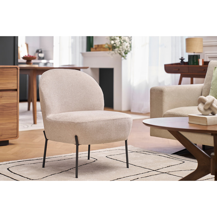 Fauteuil en tissu effet velours texturé beige et métal noir BELEY