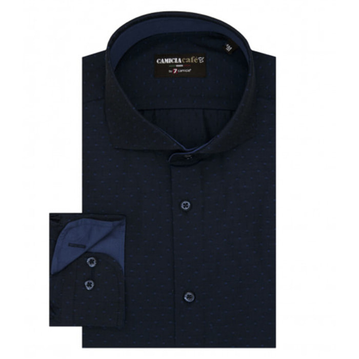 Camicia Uomo 1 Bottone Francese Slim Cotone Poliestere Jacquard Blu