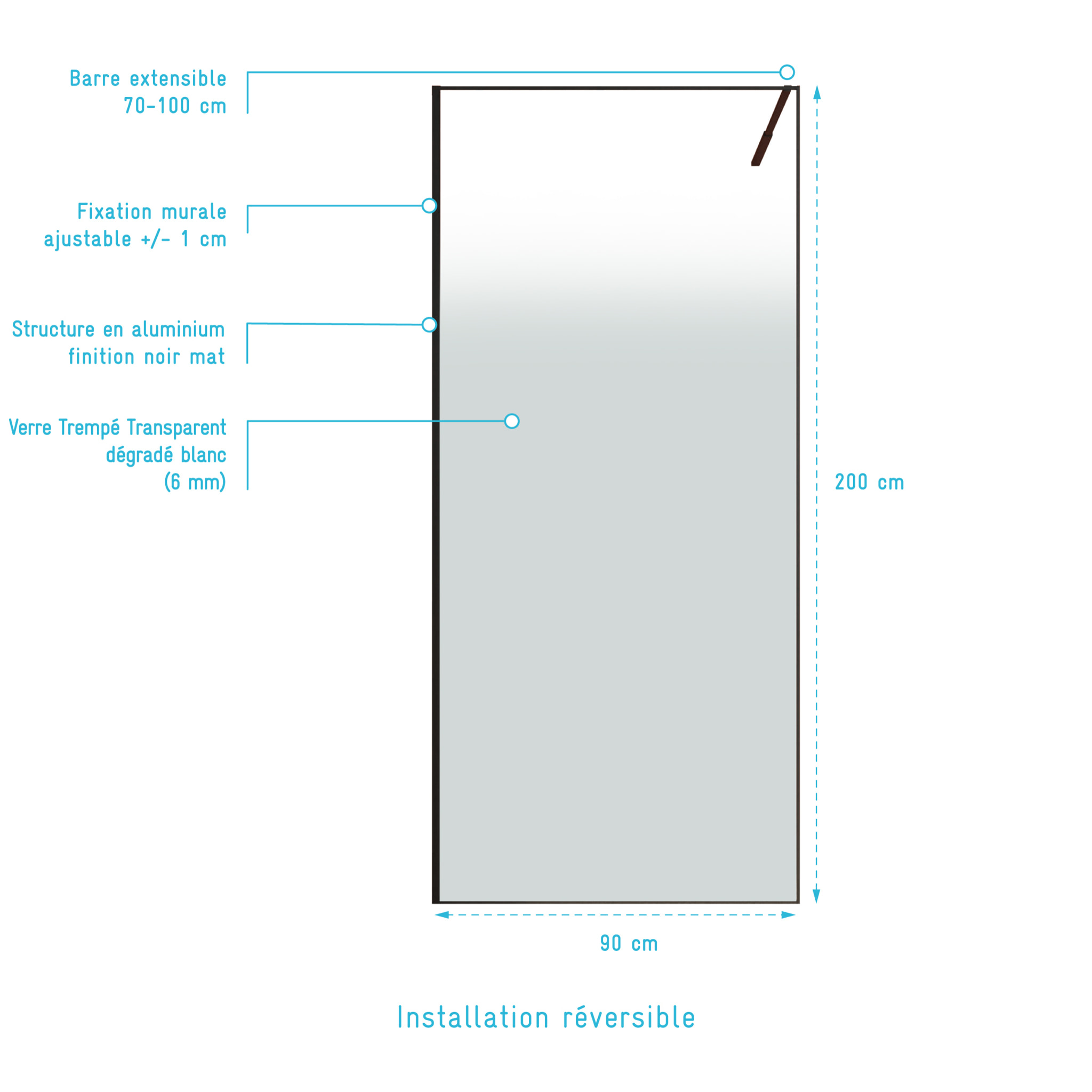 Paroi de douche 90x200cm - Verre degrade blanc effet brume - Encadrement noir mat - NEPHELIE
