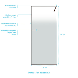 Paroi de douche 90x200cm - Verre degrade blanc effet brume - Encadrement noir mat - NEPHELIE