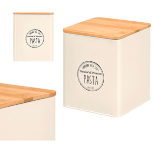 Tarro cuadrado crema con tapa de bambú. Diseño "Pasta".