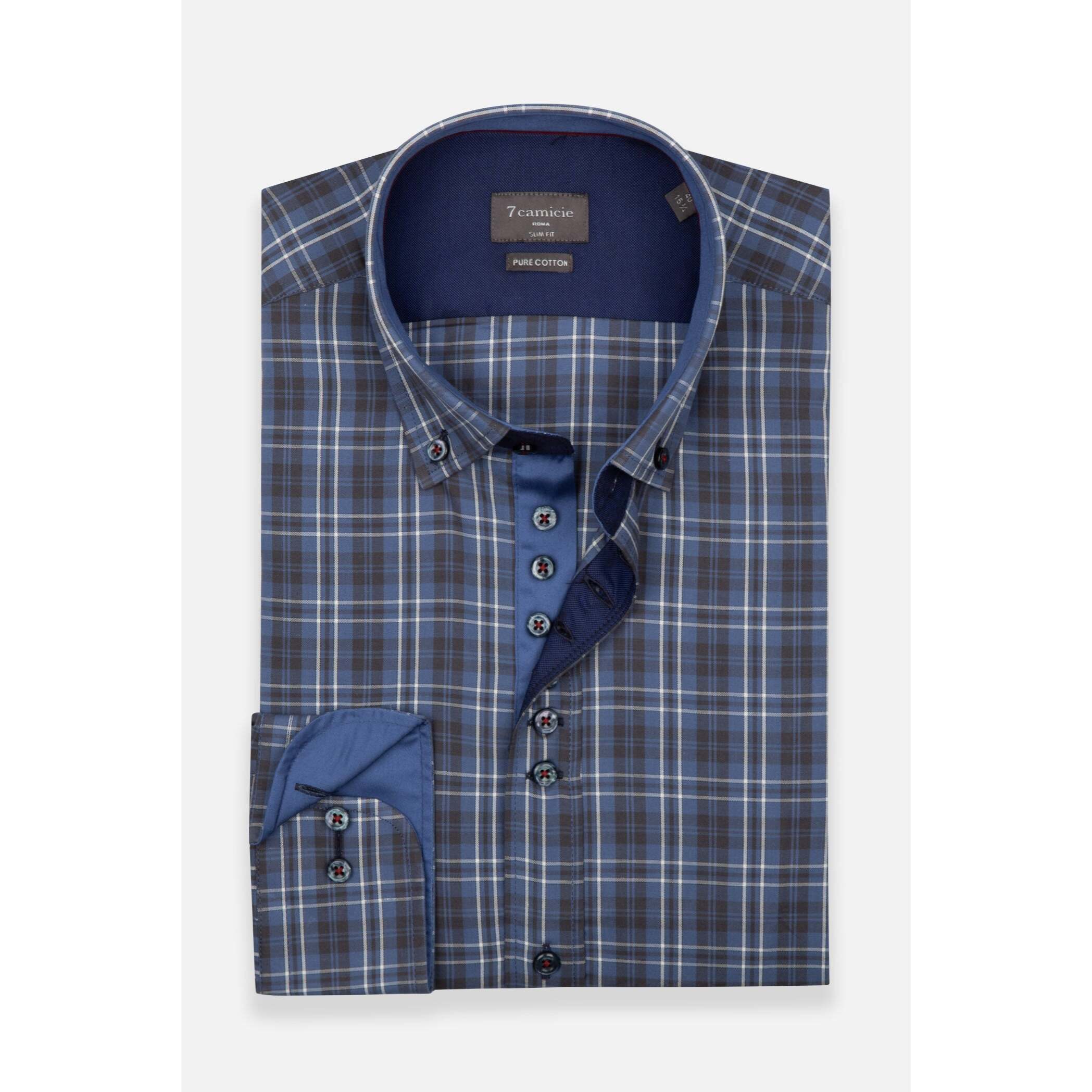 Camicia Uomo 1 Bottoni Button Down Slim Oxford Quadro Medio Blu/Blu Avion