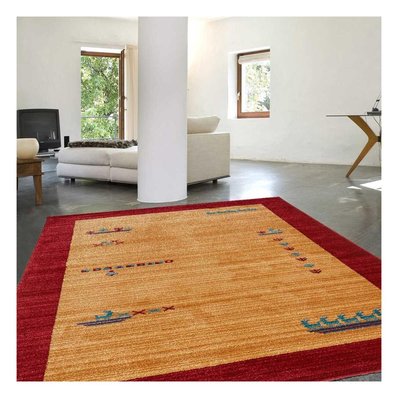 Tapis Tevu beige et rouge au motifs d'inspiration Ethnique