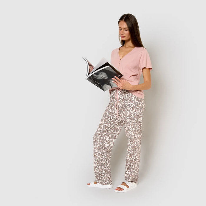 Pijama largo algodón manga corta con escote pico meghan rosa palo