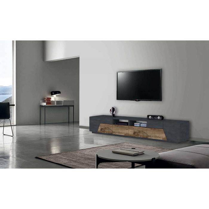 Mobile porta TV Asdrubale, Credenza bassa da soggiorno a 4 ante, Base porta televisione, 100% Made in Italy, cm 260x43h46, Ardesia e Acero