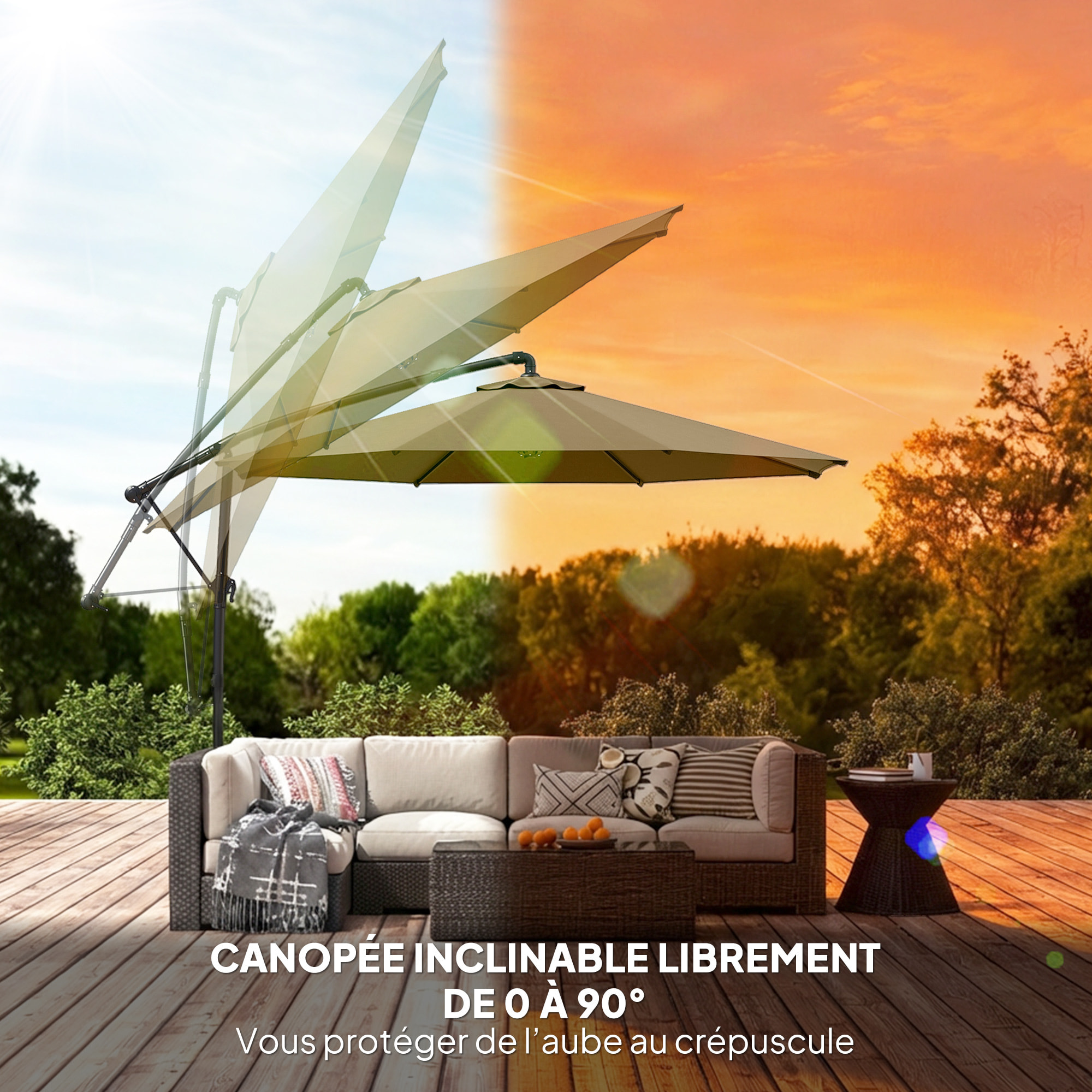 Parasol déporté pivotant inclinable 3 x 3 m métal polyester kaki