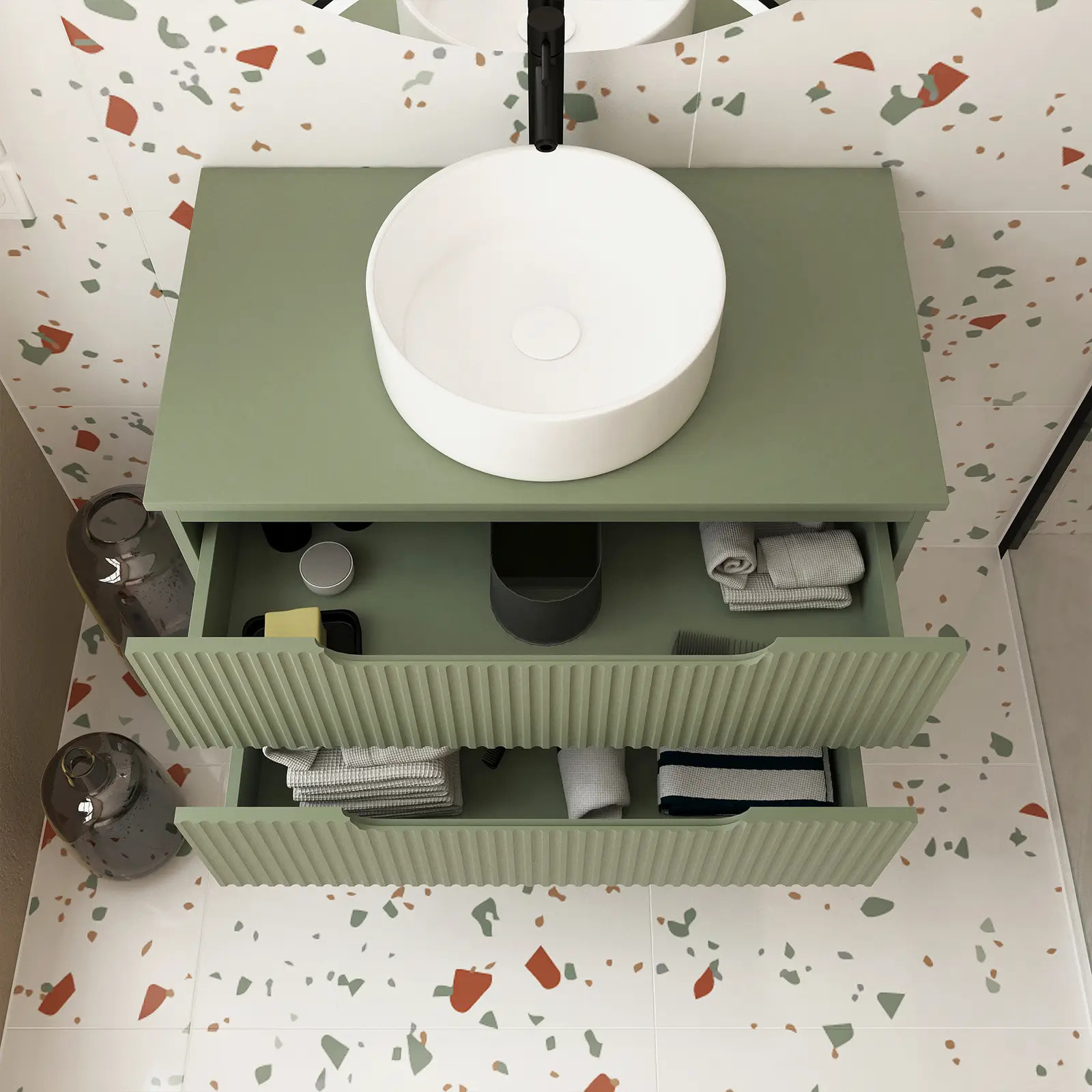 Meuble de Salle de Bains LEON 80cm Vert Olive - 2 Tiroirs en MDF Ondules - Vasque Ronde 36cm
