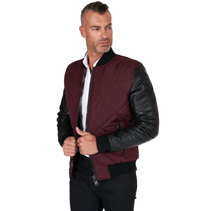 Bomber piumino in pelle nera e tessuto bordeaux