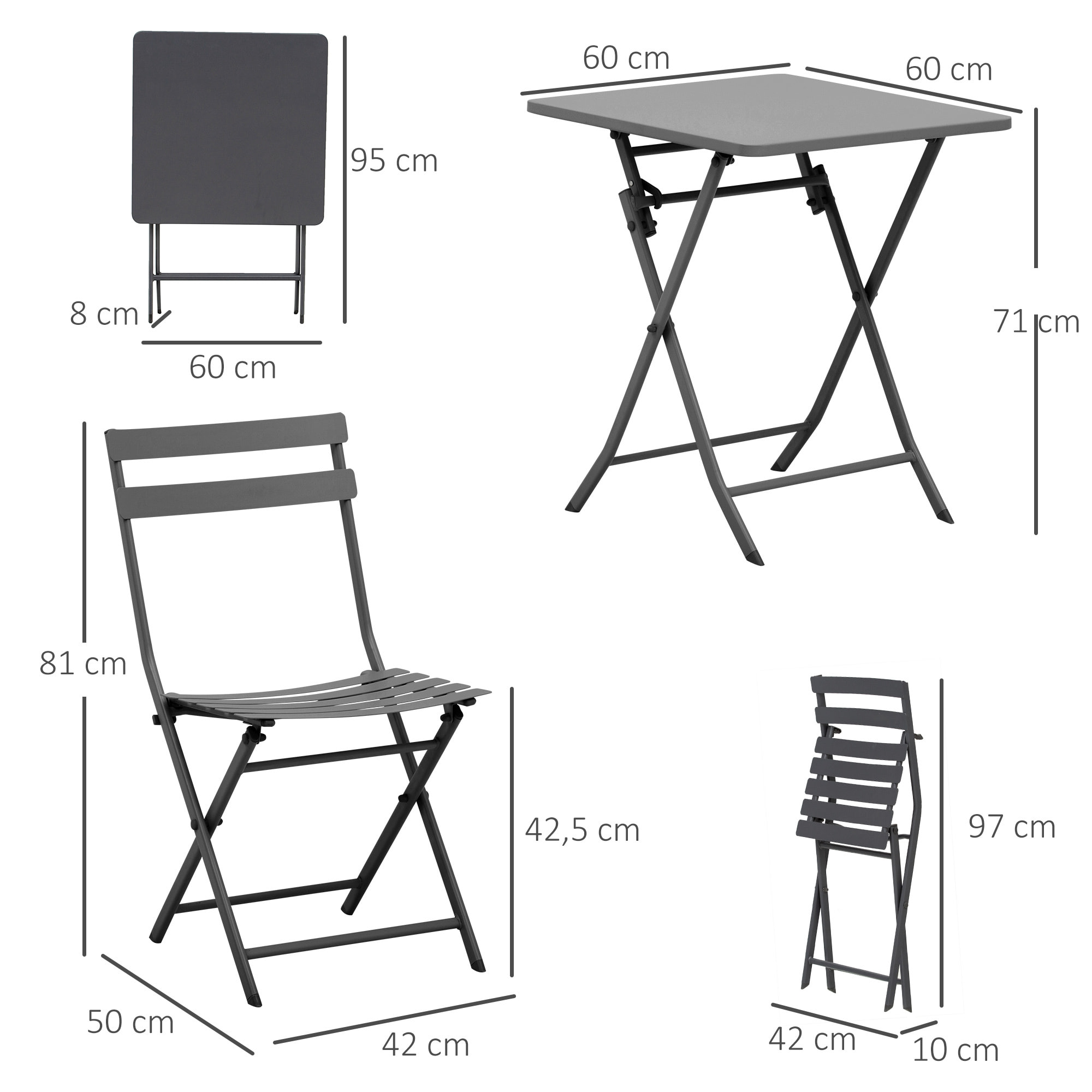 Salon de jardin bistro pliable - table carrée dim. 60L x 60l x 71H cm avec 2 chaises - métal thermolaqué gris
