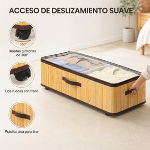 Juego de 2 Cajas de Almacenaje Bajo Cama con Ruedas, 60L, Organizador Zapatos Debajo Cama de Bambú con Tapa Transparente y Asa, Marco Metálico, para Zapatos, Mantas, Juguetes, Natural