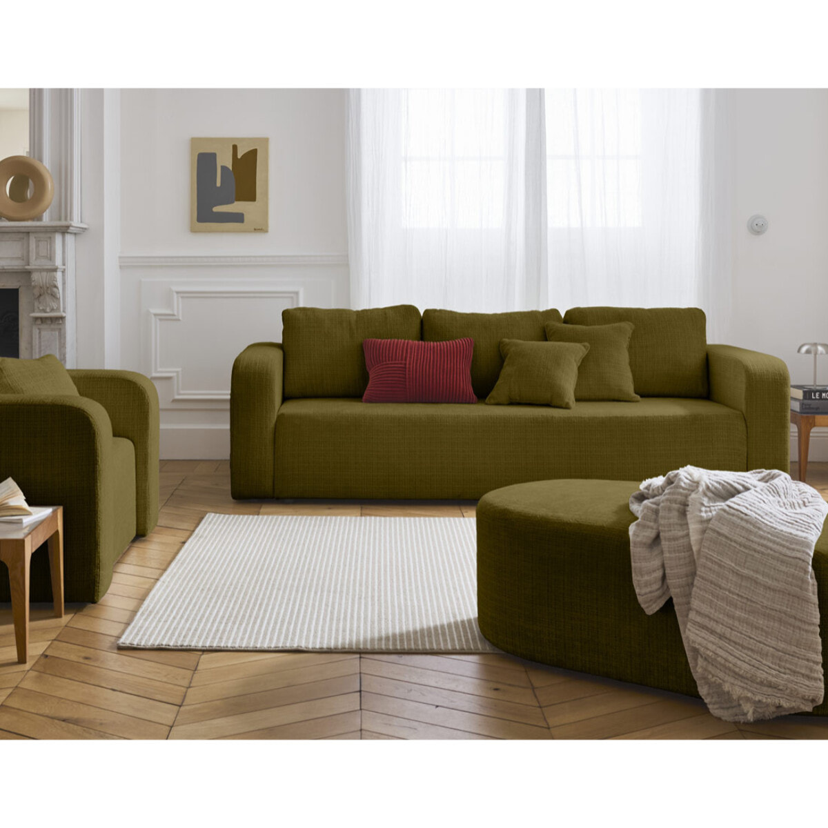 Miro - canapé droit 3 places - convertible avec coffre - en velours texturé - Vert Olive