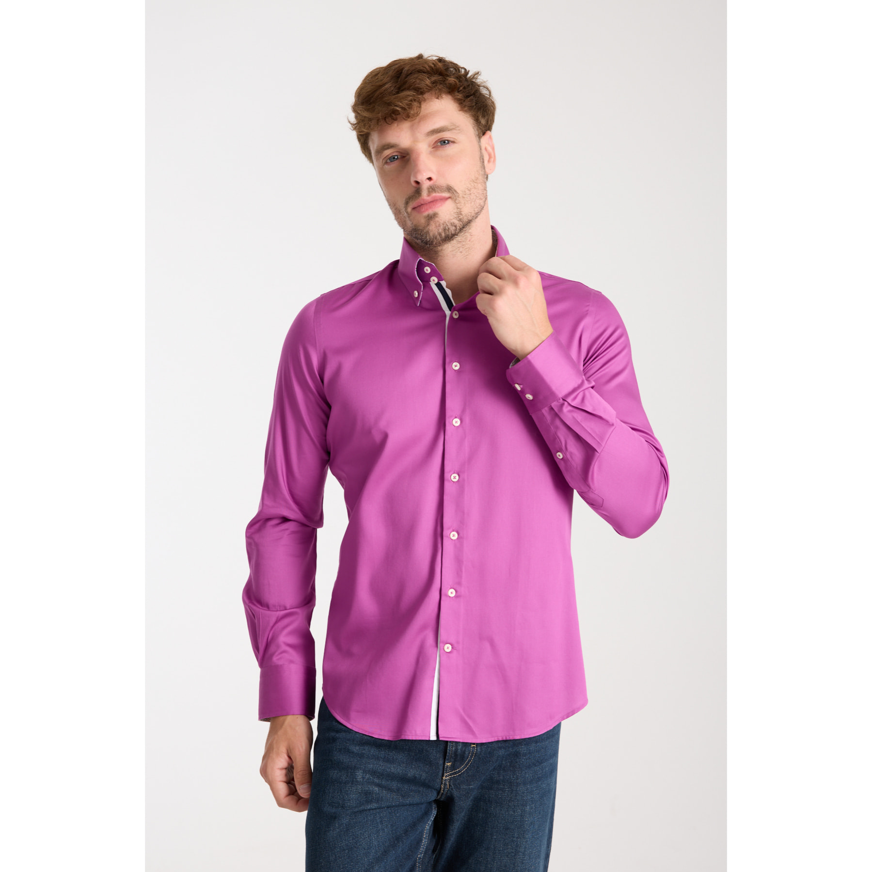 Camicia Uomo 2 Bottoni Button Down Slim Satin Unito Viola Ciclamino