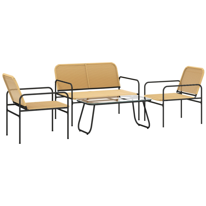 Conjunto Jardín Exterior de Ratán Conjunto Terraza Resistente a la Intemperie Muebles Jardín Exterior con 2 Sillones Sofá de 2 Plazas y Mesa de Tablero de Vidrio Templado Natural