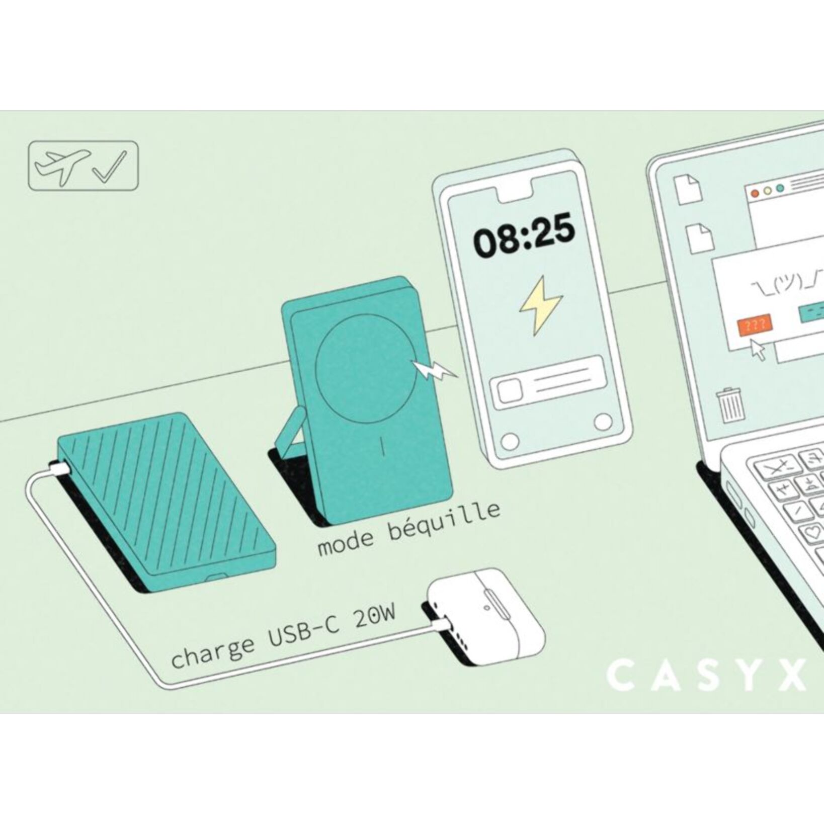 Batterie externe CASYX 5000 mAh Qi2 MagSafe avec bequille rose