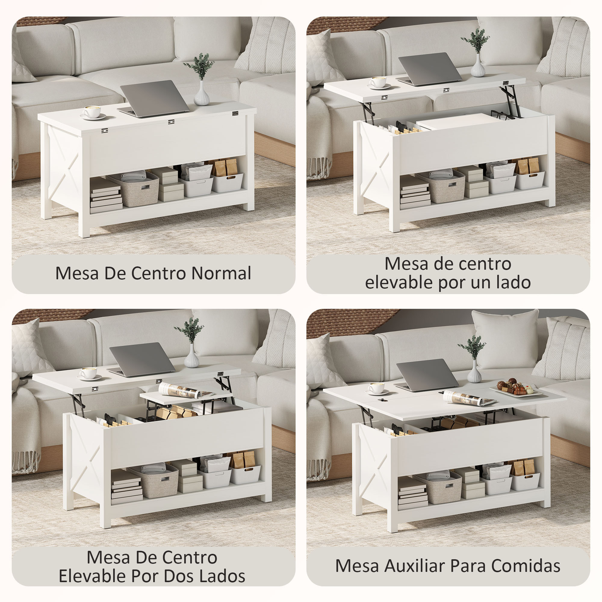 Mesa de Centro Elevable y Extensible, Mesa de Salón con Compartimentos Ocultos, Estante Abierto, para Comedor, Oficina, 100x90x64 cm, Blanco