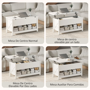Mesa de Centro Elevable y Extensible, Mesa de Salón con Compartimentos Ocultos, Estante Abierto, para Comedor, Oficina, 100x90x64 cm, Blanco