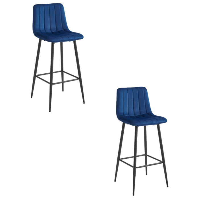 Set di 2 Sgabelli Bar Pozza in Velluto Blu e Metallo Nero