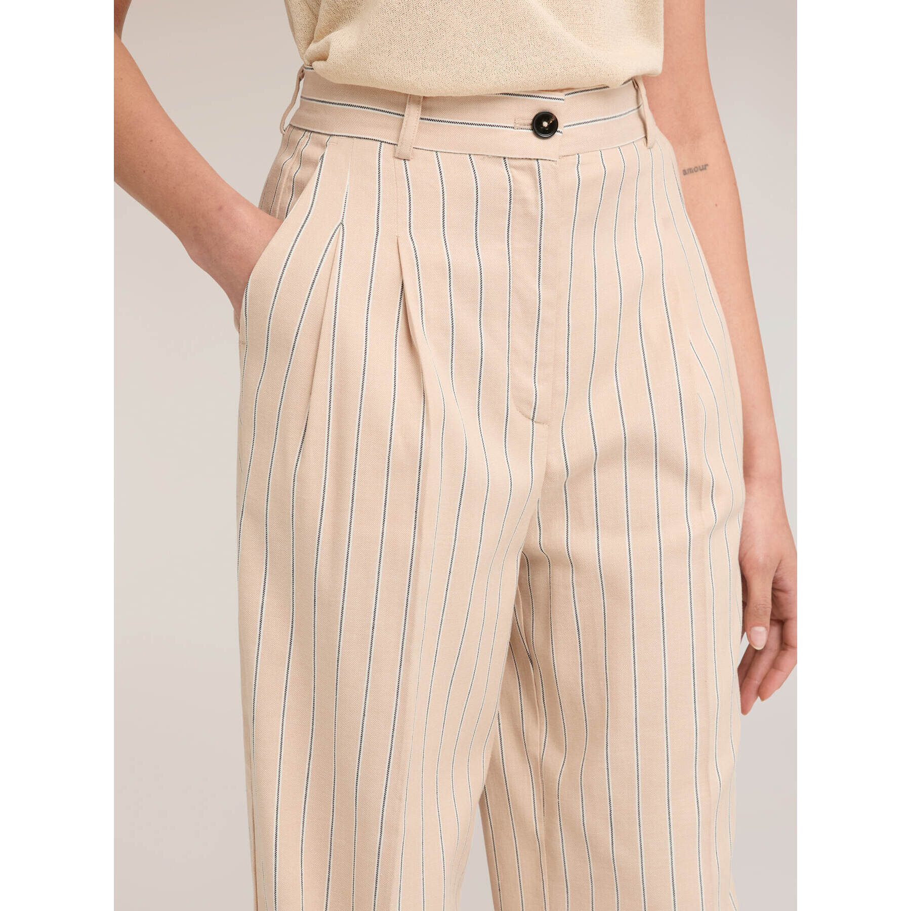 Motivi - Pantalones palazzo de mezcla de lino a rayas - Beige