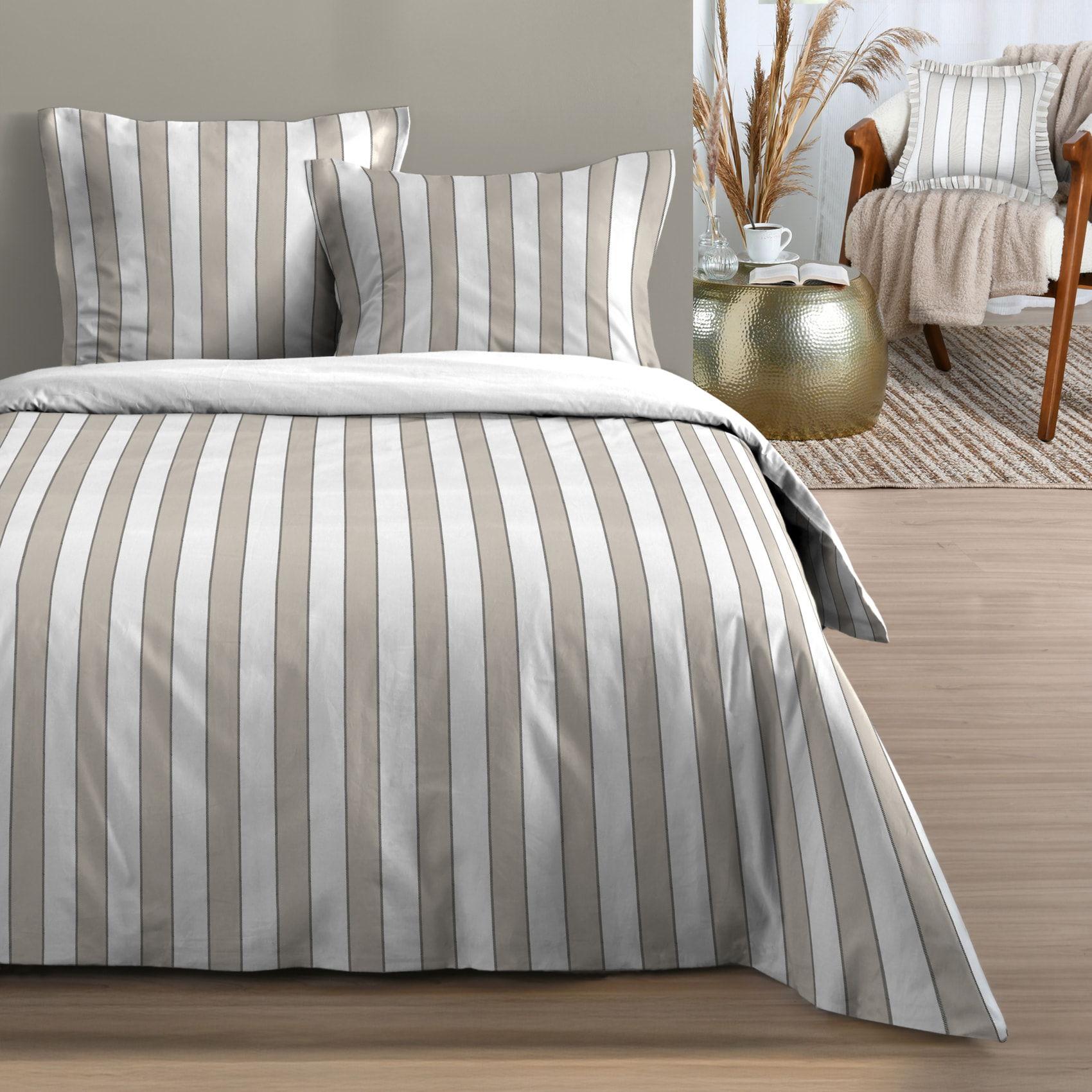 Parure de lit 3 pièces en coton imprimé rayures housse + taies - Naturel