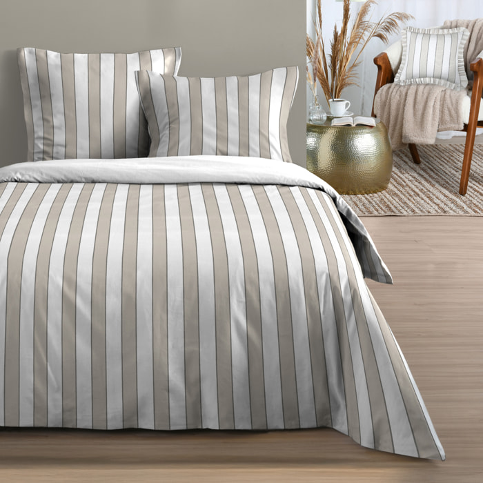 Parure de lit 3 pièces en coton imprimé rayures housse + taies - Naturel