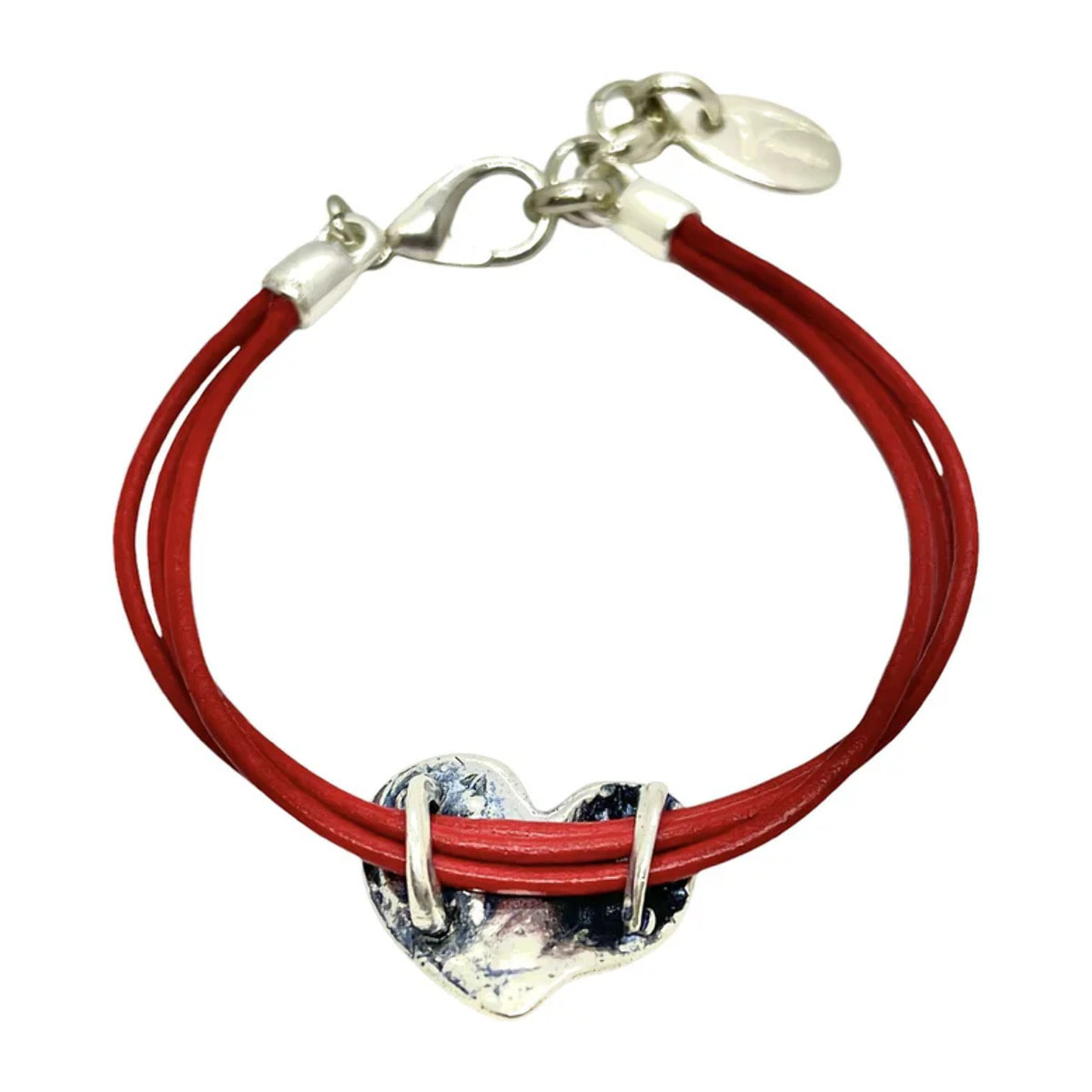 Pulsera corazón cuero rojo plata chapado