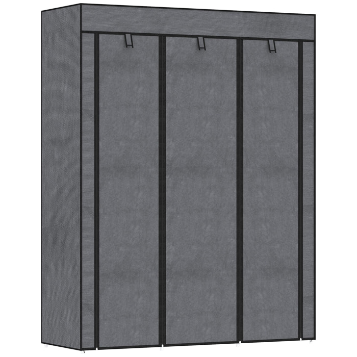 Armoire penderie multi-rangement - 8 étagères, 2 barres - dim. 125L x 43l x 162,5H cm - acier noir non tissé gris