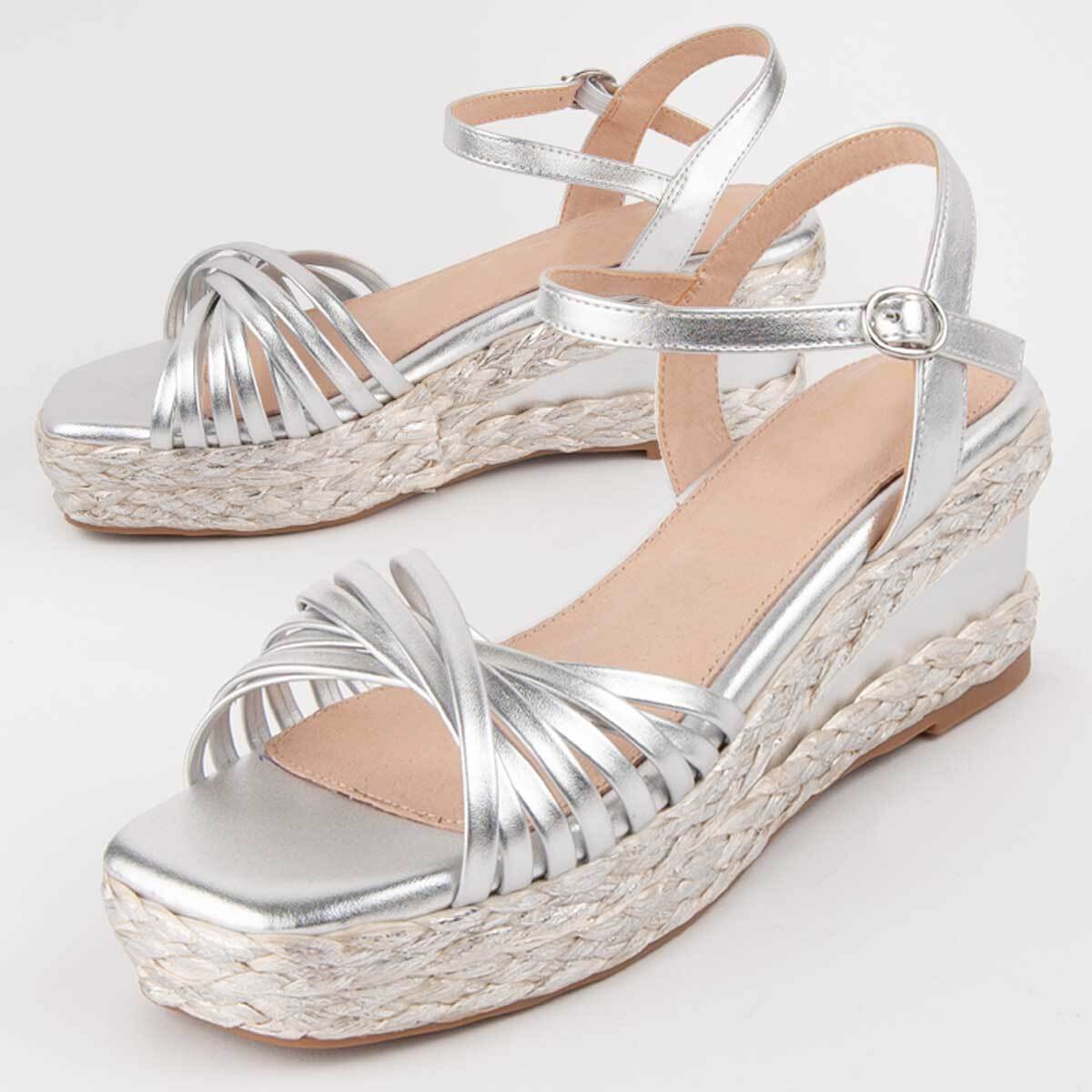 Sandalia De Cuña - Plateado - Altura: 7 Cm