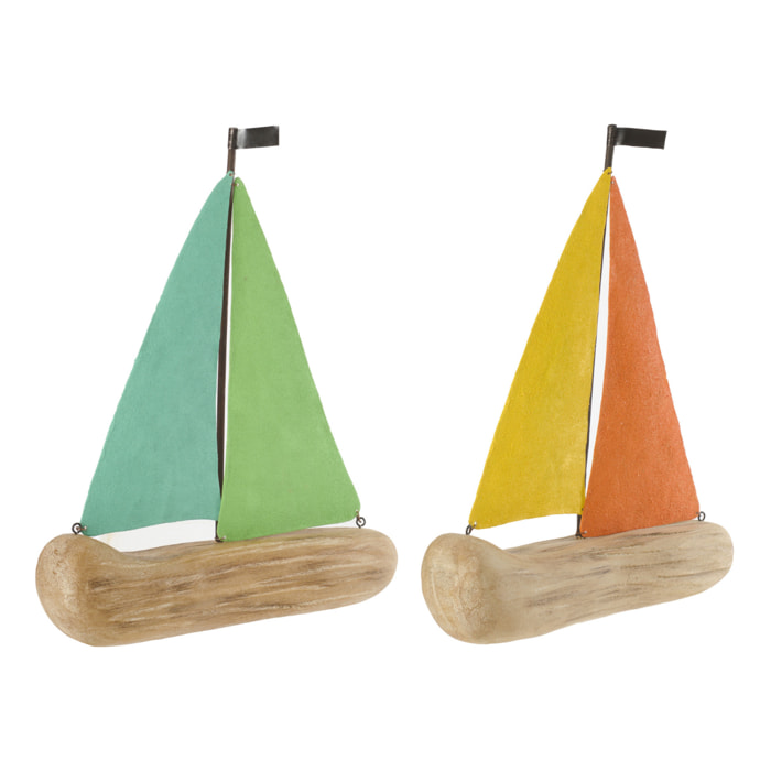 J-Line Voilier décoratif - bois - multicolore - large - 2 pièces