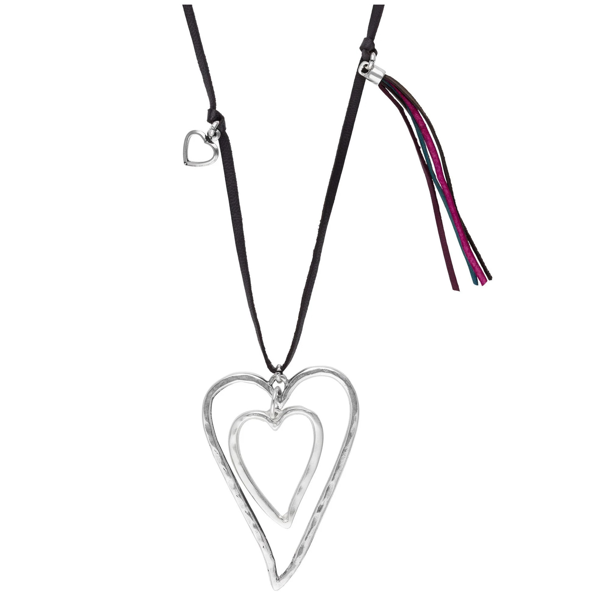 Collar piel negro corazón plata chapado charms flecos