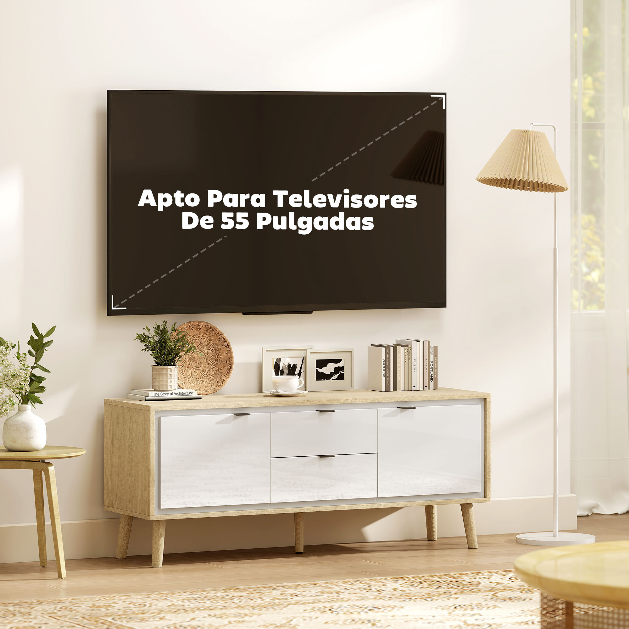 Mueble de TV Moderno de 2 Puertas, Mueble TV para Salón con 2 Cajones, Orificios Pasacables, Estantes Extraíbles y Ajustables, para Televisión 55 Pulgadas, 120x35x50 cm, Blanco Brillo y Roble
