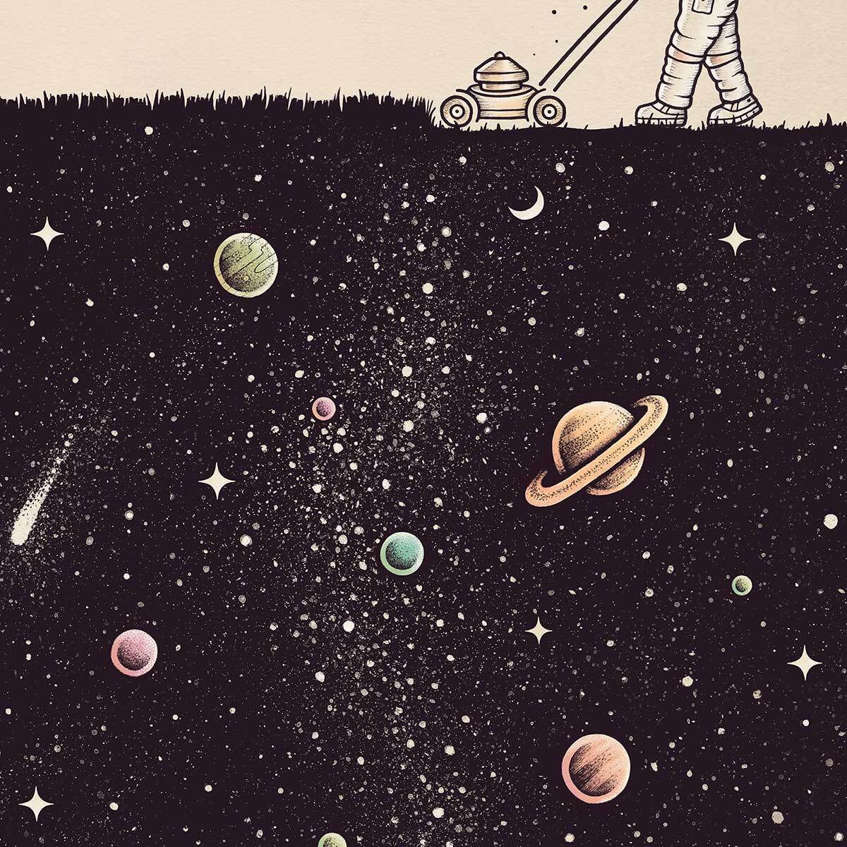 Affiche enfant space tondeuse  Affiche + cadre en bois - Chêne