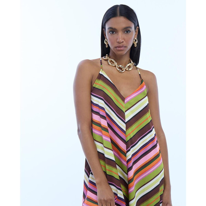 Abito in raso con spalline sottili e stampa multi-righe