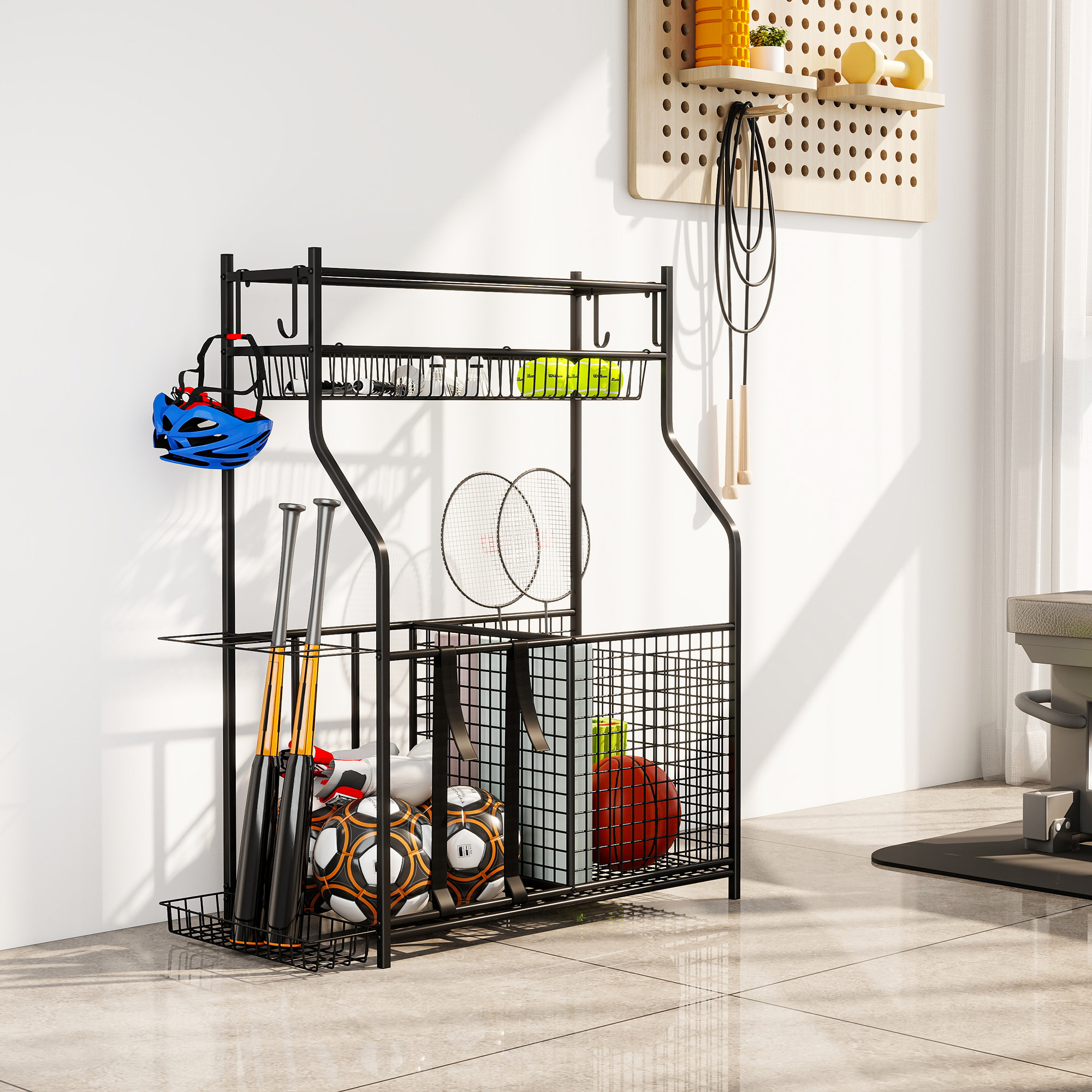 Organizador de Equipos Deportivos, Almacenamiento de Bolas de Garaje con Cesta, Ganchos Extraibles y Bandas Elásticas, Soporte para Balones de Baloncesto, Fútbol, para Casa Gimnasio o Escuela