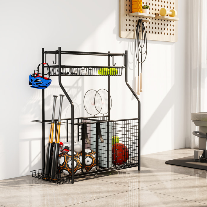 Organizador de Equipos Deportivos, Almacenamiento de Bolas de Garaje con Cesta, Ganchos Extraibles y Bandas Elásticas, Soporte para Balones de Baloncesto, Fútbol, para Casa Gimnasio o Escuela