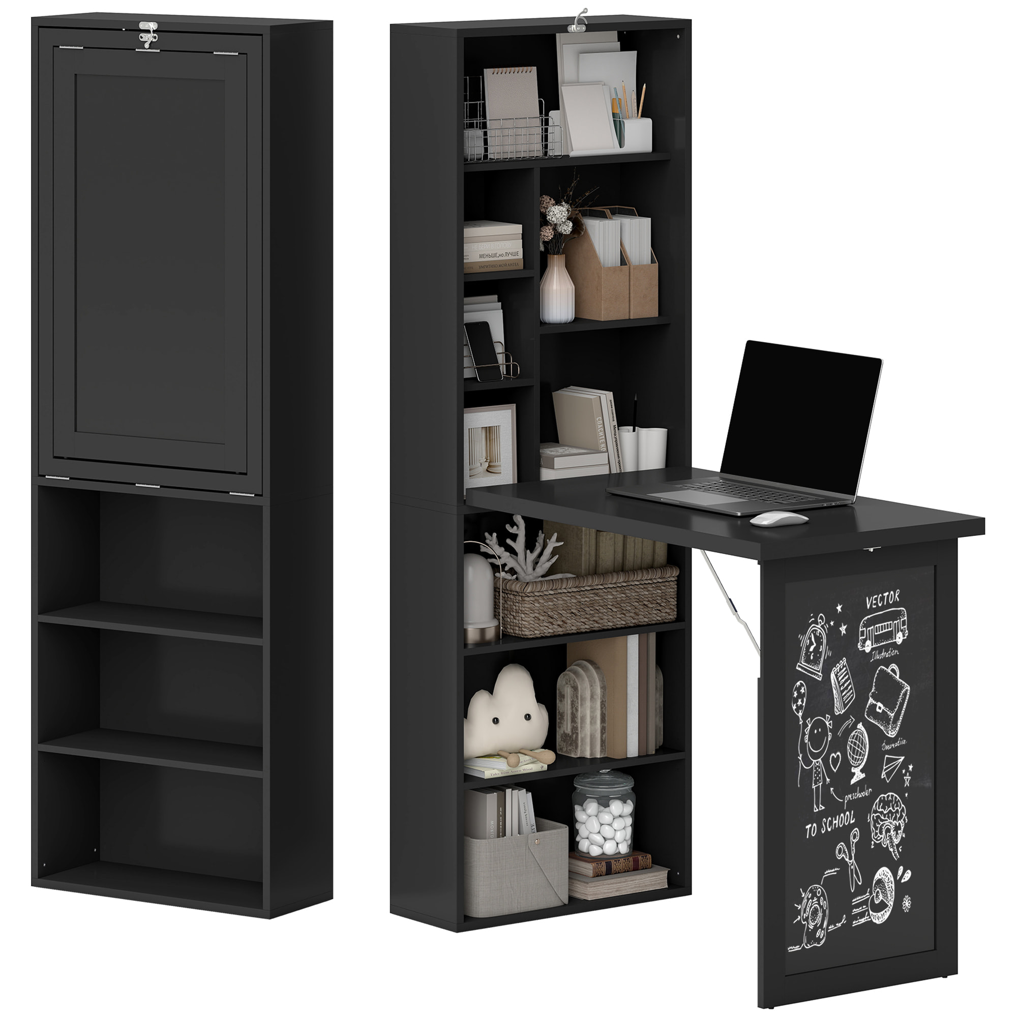 Bureau mural pliable table murale rabattable suspendue sur pied avec bibliothèque tableau à craie intégré noir