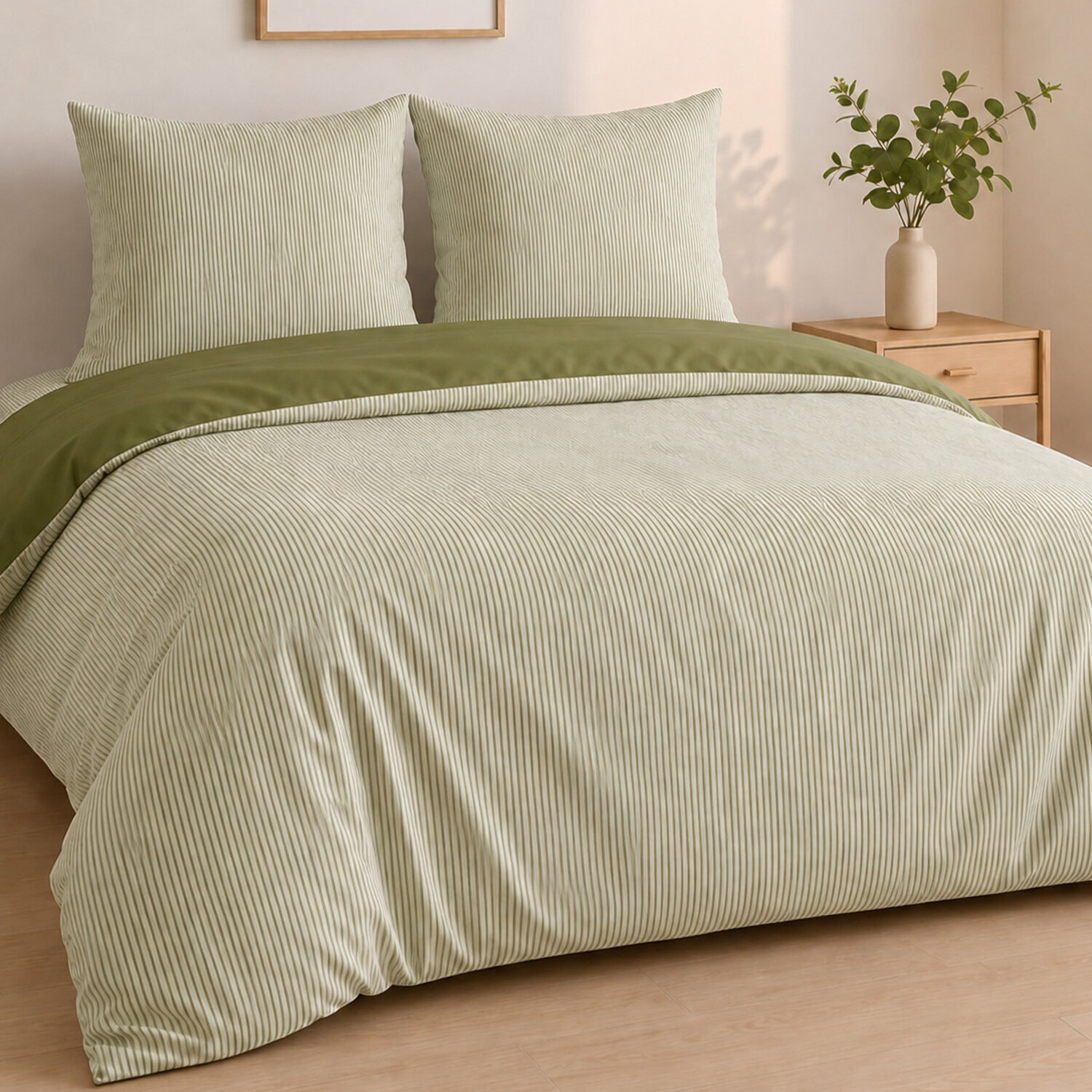 Parure housse de couette mini seersucker rayures vert olive, MILLERAY