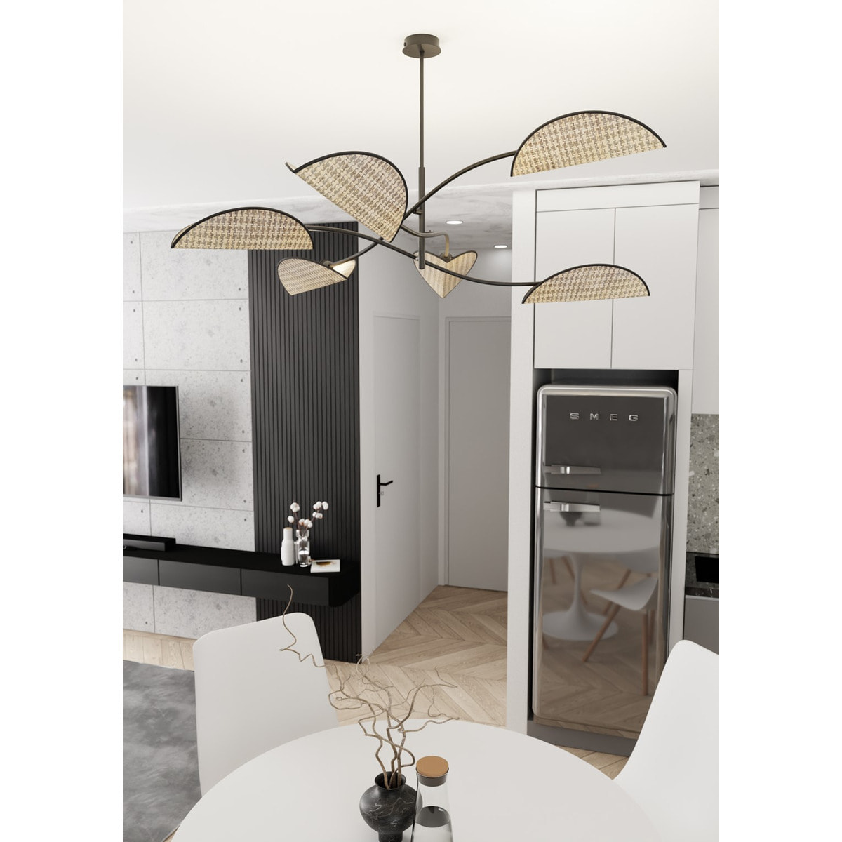 Lampada a sospensione LOTUS in acciaio nero e tessuto effetto velluto