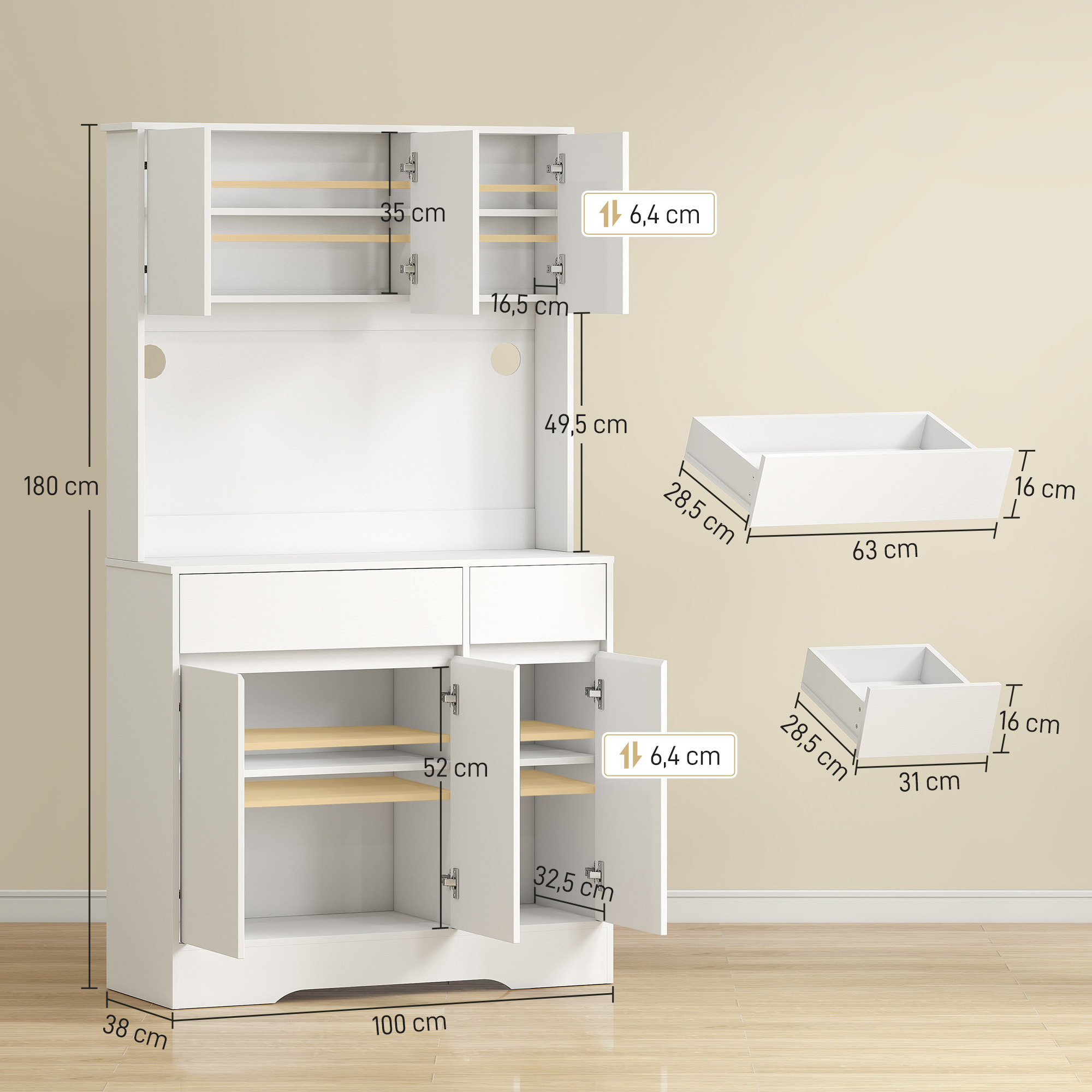 Alacena de Cocina con Luz LED RGB, Mueble de Cocina con Encimera para Microondas, 6 Puertas, 2 Cajones, Estantes Ajustables y Control Remoto, 100x38x180 cm, Blanco