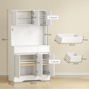 Alacena de Cocina con Luz LED RGB, Mueble de Cocina con Encimera para Microondas, 6 Puertas, 2 Cajones, Estantes Ajustables y Control Remoto, 100x38x180 cm, Blanco