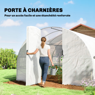 Serre tunnel de jardin 18 m² porte 12 fenêtres enroulables acier PE blanc