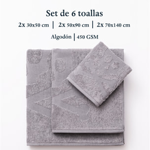 Set 6 de toallas de baño calavera (2x tocador 30x50cm + 2x manos 50x90cm + 2x baño 70x140cm) 100%algodón gris scalpers home