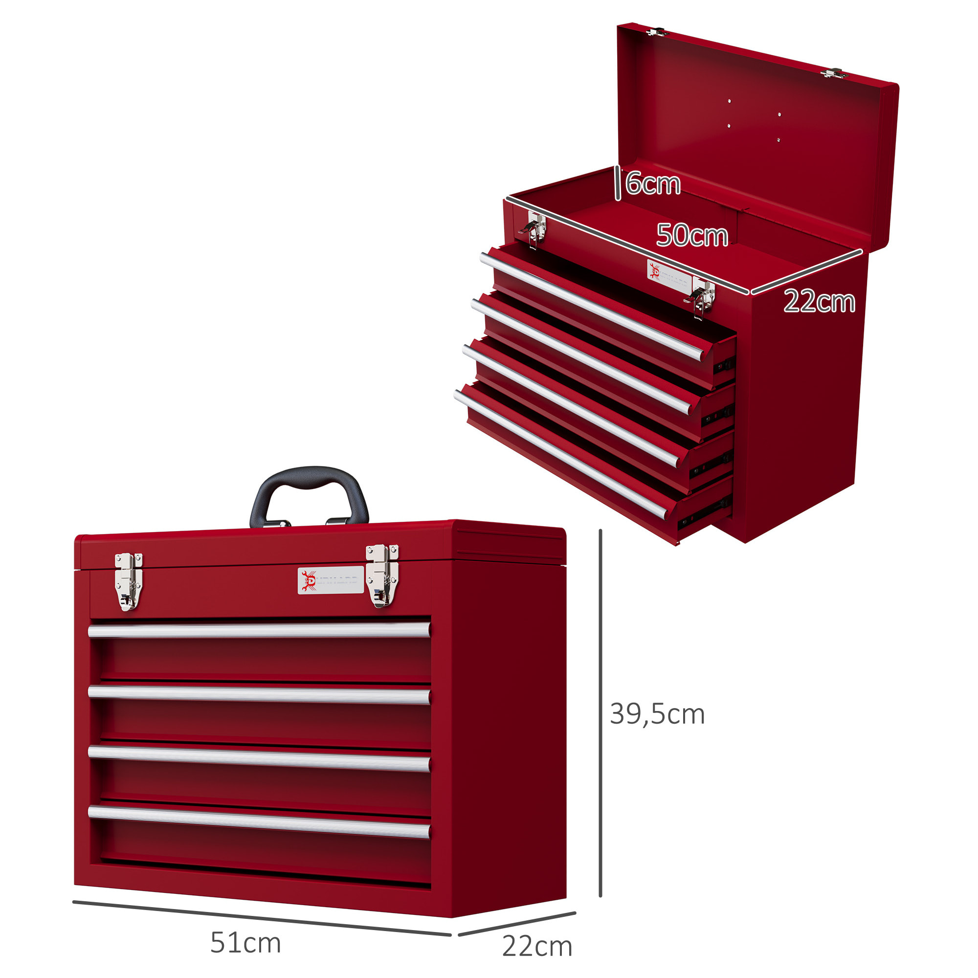 Boite à outils métallique coffret à outils caisse à outils 4 tiroirs + plateau tôle acier rouge