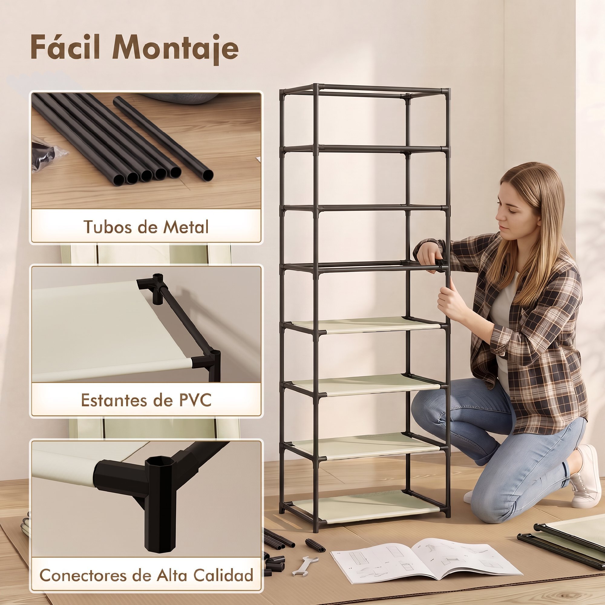 HOMCOM Zapatero de 7 Niveles, Zapatero Estrecho de Acero con Funda de Tela no Tejida, 2 Bolsillos Laterales, Estantería para 14-21 Pares de Zapatos, para Recibidor, Entrada, Pasillo, Beige