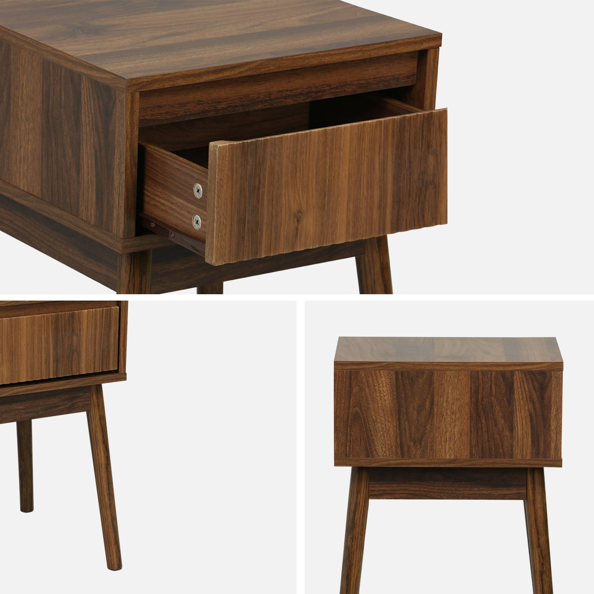Lot de 2 tables de chevet avec un tiroir. Panneaux stratifiés couleur noyer. Pied en bois de sapin.  L 39 x 39 x H 55.4cm LINEAR